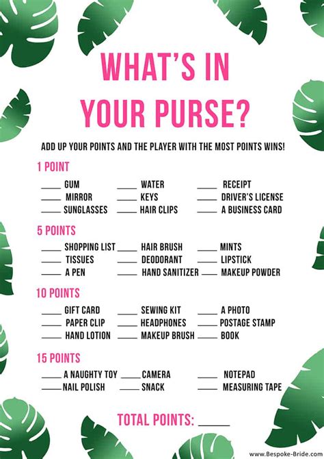 free printable what s in your purse hen party and bridal shower game for a tropical theme