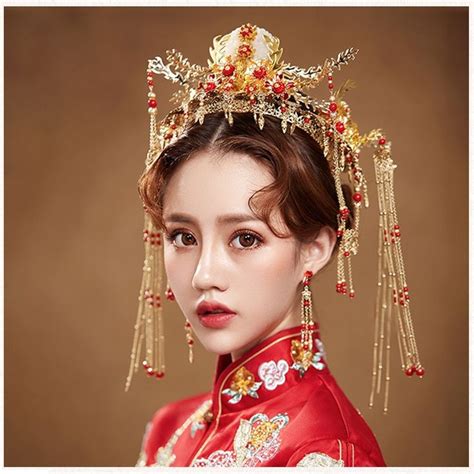 Janevini Oriental Chinese Wedding Bridal Hairband Vintage Red Hair Accessories Jewelry Gold