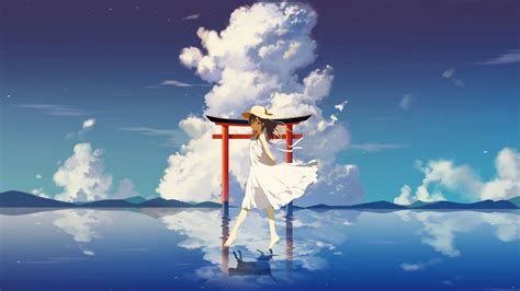 anime anime girls sky reflection dress white dress water clouds outdoors barefoot