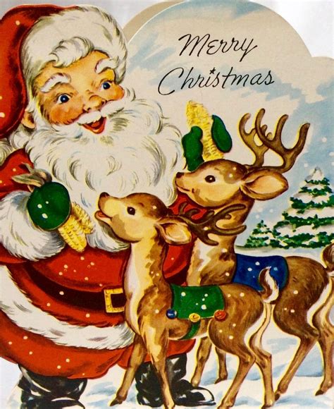 Vintage Santa And Reindeer Vintage Merry Christmas Retro Christmas Card