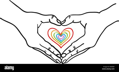Hands Forming Heart Shape Around A Colorful Romantic Heart Hand Drawn Vector Illustration