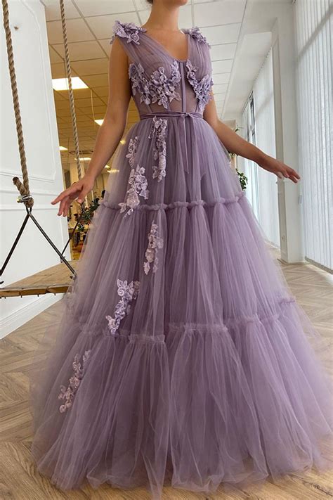 Mauve Purple V Neck Tulle Boho Prom Dresses Long With Lace Gown Pl1042