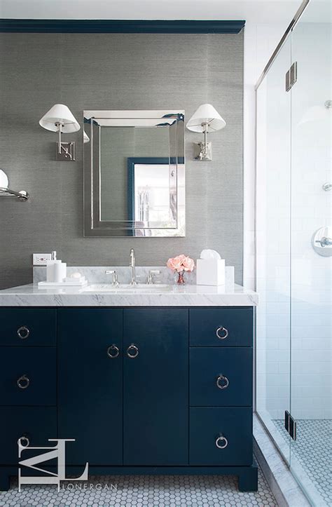 Black And White Bathroom With Blue Vanity Modern Home Design