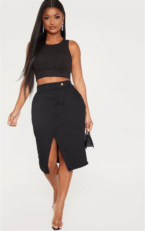 Shape Black Wrap Denim Midi Skirt Curve Prettylittlething