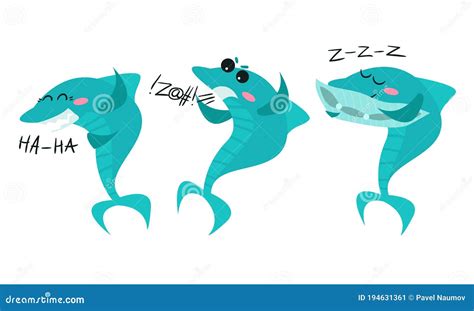 Humanized Shark Showing Different Emotion Vector Set Stock Photo