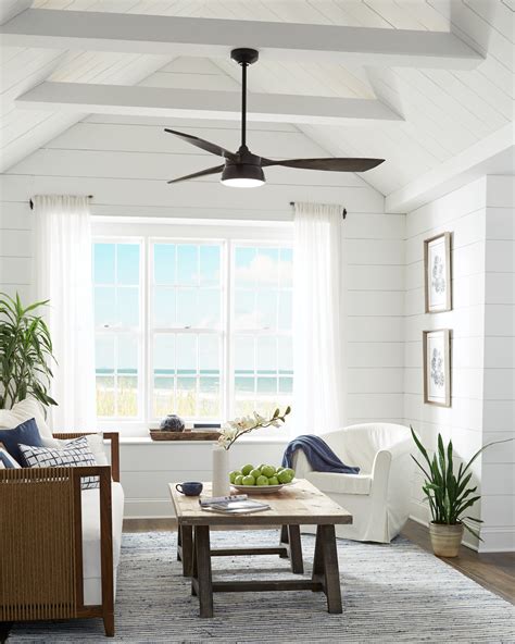 This flushmount fan has a cylindrical motor housing that sits atop three solid wooden blades that cut through the air for refreshing circulation. 57" Mid Century Modern Outdoor/Indoor Downlight Rustic ...