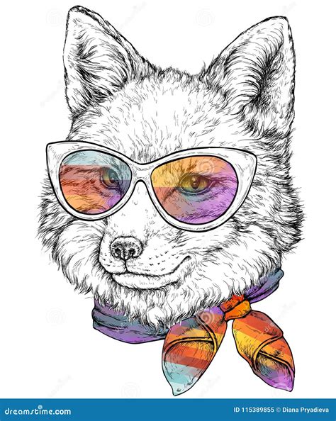 Hand Drawn Portrait Of Fox In Glasses With Bow Tie Vector Illustration