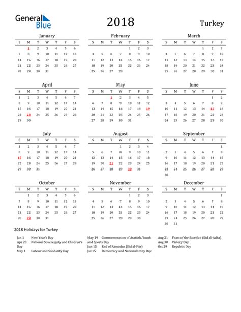 2018 Turkey Calendar With Holidays