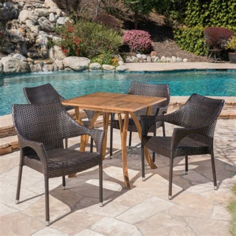 Colin Outdoor 5 Piece Acacia Wood Wicker Dining Set Teak Finish And