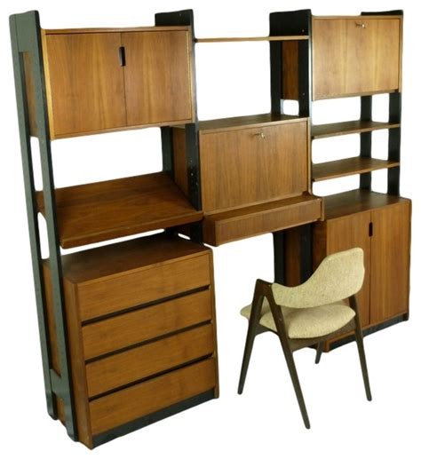 Crafted from manufactured wood, this design conserves floor spaces as it clears cabinet messiness its four shelves provide a spot to keep. Mid Century Modern Free Standing Wall Unit - Midcentury ...