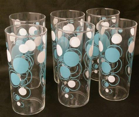 Retro Drinking Glasses Vintage Blue White Polka Dot Bar Set Mid Century Modern Bar Ware Set Of 6