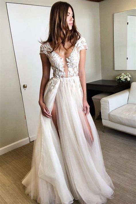 Search high and low and you will never find another dress like this. Cap Sleeves Deep V-neck Split Appliques Prom Dress,Tulle ...