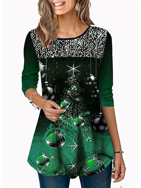 Lallc Womens Christmas Sequin Plus Size 34 Sleeve Crew Neck Blouse