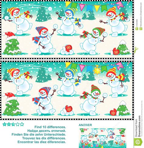 Find The Differences Picture Puzzle Playful Snowmen Stock Vector
