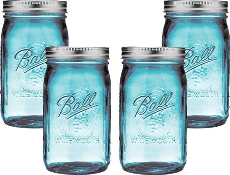 Ball Mason Jar 32 Oz Aqua Blue Glass Ball Collection Elite Color Series Wide Mouth Set Of 4