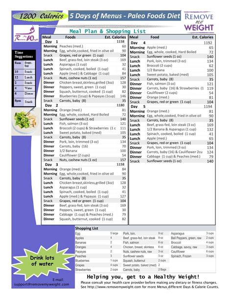 Printable 1200 Calorie Paleo Diet For 6 Days Or Less Grocery List