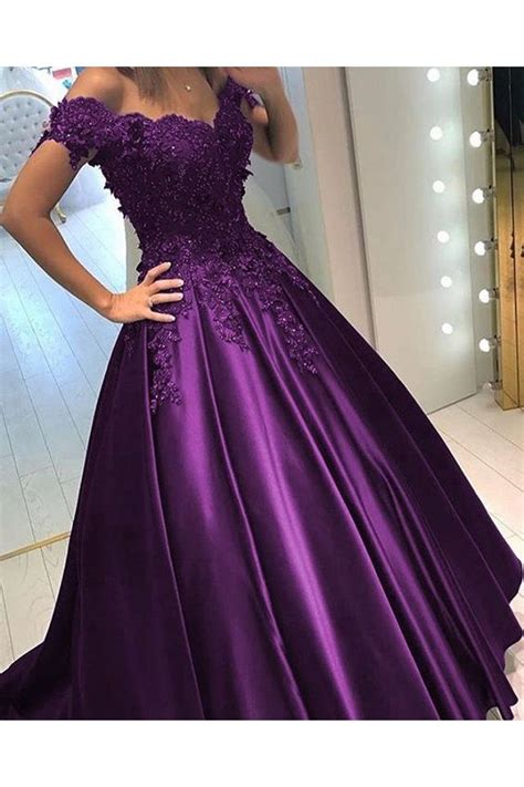Ball Gown Off The Shoulder Purple Long Lace Prom Formal Evening Party