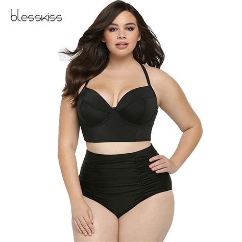 Blesskiss Fat Plus Size Swimwear High Waist Swimsuit 2019 Push Up Bikini Swimming Suits For