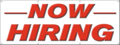 Now Hiring Banner Sign White Background With Bold Red Lettering And