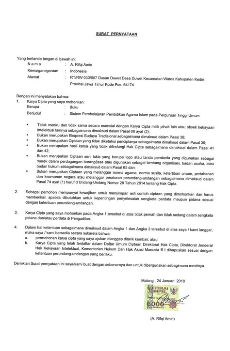 Demikian pernyataan kepemilikan hak cipta ini saya buat dengan sebenarnya untuk menghindari adanya klaim pihak lain terhadap hak cipta tersebut serta untuk dipergunakan sebagaimana mestinya 2 @ hak cipta lembaga peperiksaan hak cipta terpelihara. Contoh SURAT PERNYATAAN TERBARU 2018 sebagai syarat ...