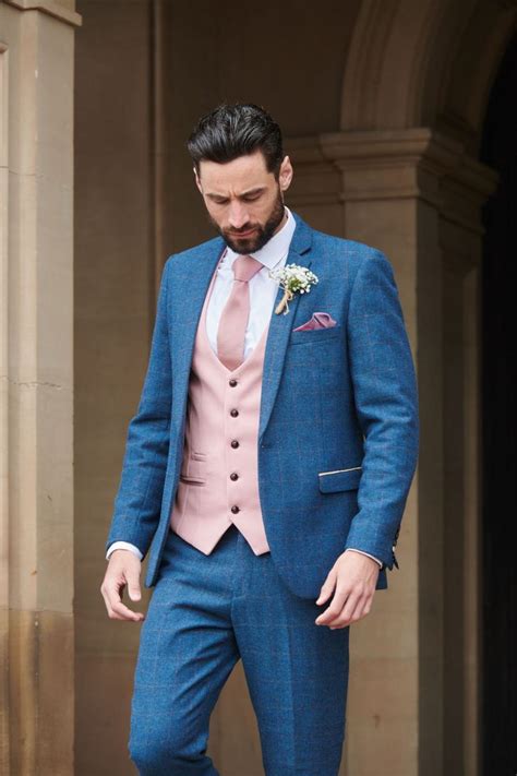 Dion Blue Tweed Check Suit With Kelvin Pink Waistcoat Blue Suit