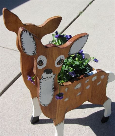 Handpainted Deer Planter Wood Bambi Two Sided Handmade Crafted Wooden