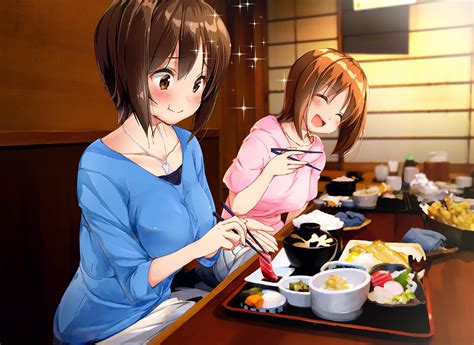 2girls Blush Browneyes Brownhair Food Girlsundpanzer Necklace