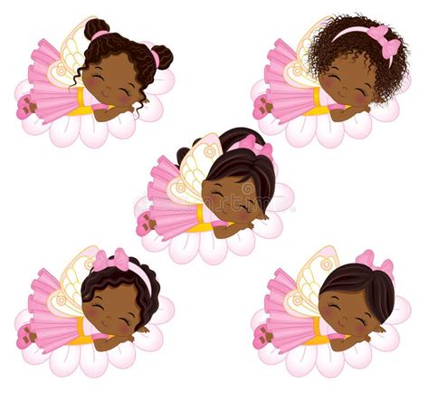 Vector Cute Little African American Fairies Sleeping On Flowers Stock