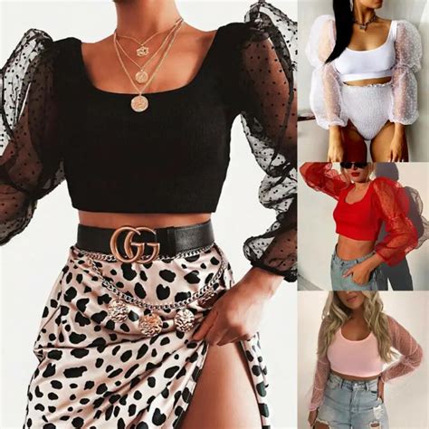 Women Polka Dots Mesh Sheer See Through Crop Top Fairy Female Puff Long