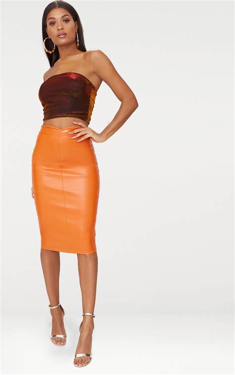 Orange Faux Leather Panel Midi Skirt Prettylittlething Fr