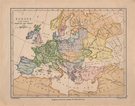 1899 Victorian Historical Map Europe At The Death Of Charles The