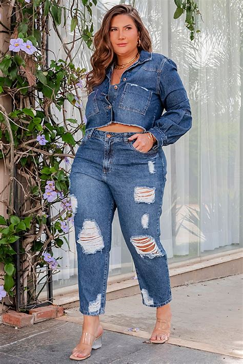 Calça Plus Size Jeans Mom Destroyed Vk Moda Plus Size