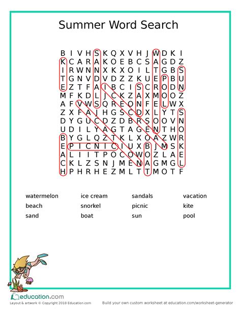 100 Summer Vacation Words Word Search Answer Key → Waltery Learning