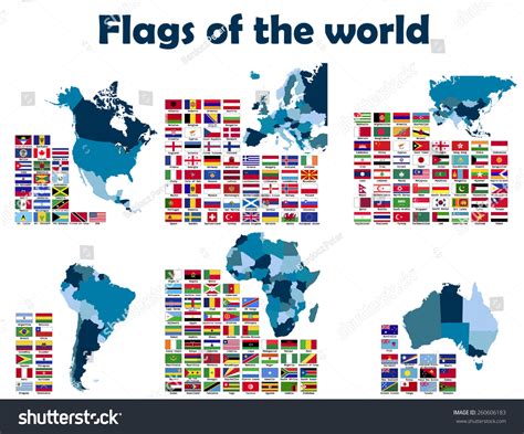 Vektor Stok Flags World Sorted By Continents Alphabetically Tanpa