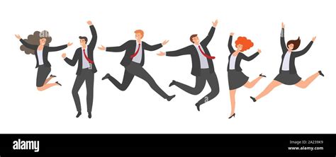 Group Of Happy Jumping Office Workers In Flat Style Isolated On White