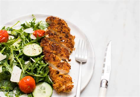 Chicken breast with rib meat, wheat flour, water, contains 2% or less of the following: Crispy Panko Chicken with Arugula, Parmesan, and Roasted Tomatoes | Tried & True Recipes