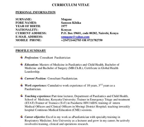 Curriculum Vitae Cv Format In Kenya Template For U