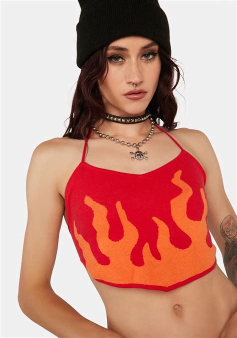 Another Girl Flame Print Knit Halter Crop Top Red Orange Dolls Kill