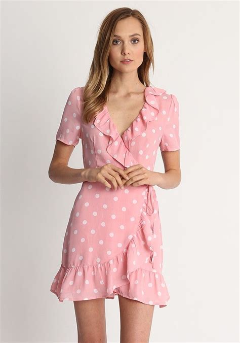 Pink Wrap Mini Dress In Polka Dot Printed Fabric With Ruffled Trim