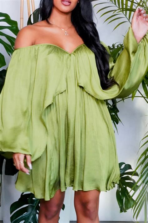 Fashion Green Sexy Solid Flounce Off The Shoulder Pleated Dresses For Sale Knowfashionstyle