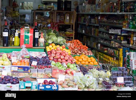 Fruit And Vegetables For Sale On A Market Stall And Shop Stock Photo