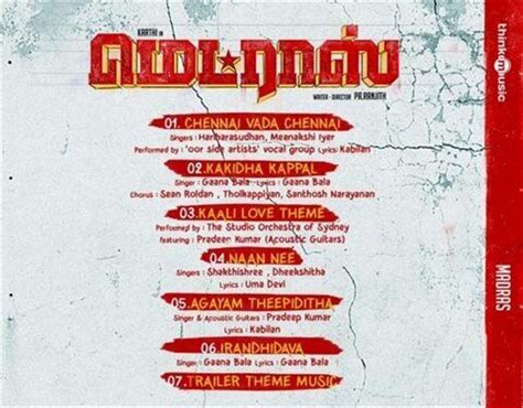 Madras Tracklist Tamil Movie Music Reviews And News