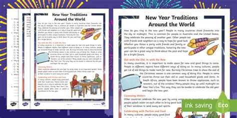 Fourth Grade New Year Around The World Reading Comprehension