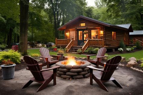 Log Cabin With A Fire Pit And Chairs In The Front Yard Stock Image