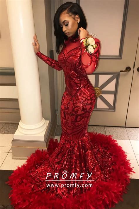 Red Sequin Feather Long Sleeve Mermaid Prom Dress Promfy