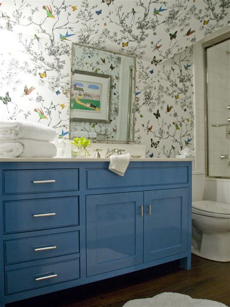 Birds And Butterflies Wallpaper Eclectic Bathroom