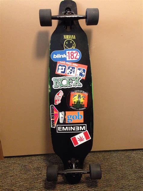 don t see enough band stickers on boards here here is my new longboard with a bunch of skate