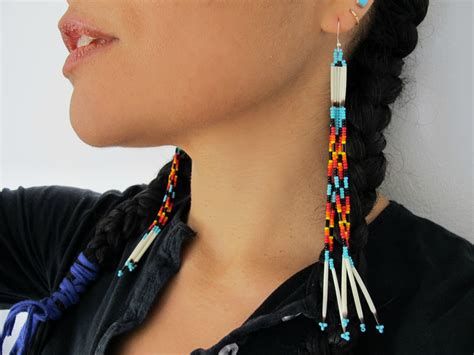 Long Beaded Earrings Native American Shoulder Sweeper Dangle