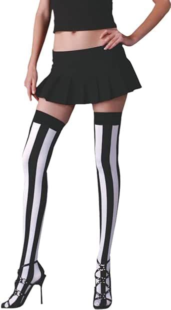 Thigh Hi Stocking Black White Stripe Opaque Hosiery Clothing