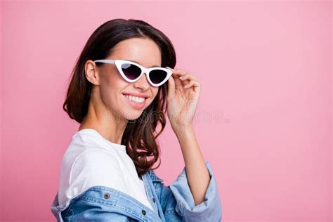 Profile Side Photo Of Happy Stunning Young Lady Hold Wear Glasses Nice